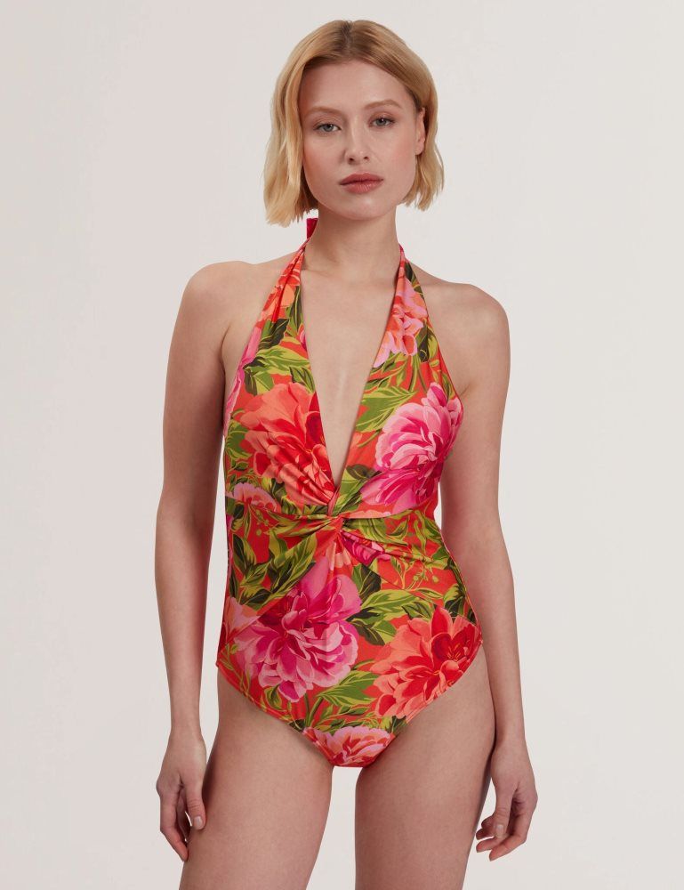 Ted Baker Abygal - Floral Print Plunge Halter Neck Swimsuit Ženske Kupaći Kostimi Koraljne | 439682-SNV