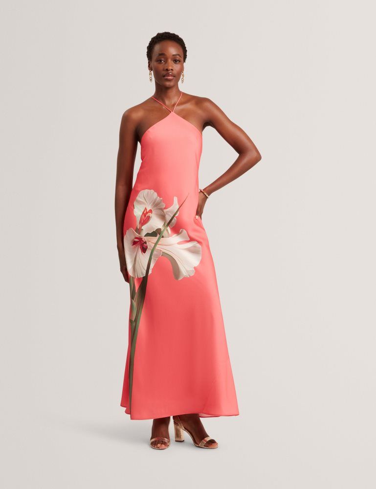 Ted Baker Ajima - Floral Graphic Halter Neck Satin Maxi Dress Ženske Haljina Koraljne | 091265-BYG