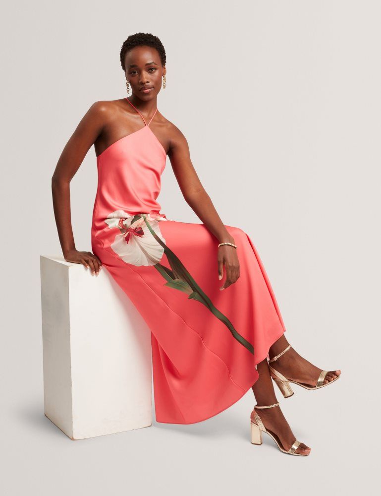 Ted Baker Ajima - Floral Graphic Halter Neck Satin Maxi Dress Ženske Haljina Koraljne | 091265-BYG