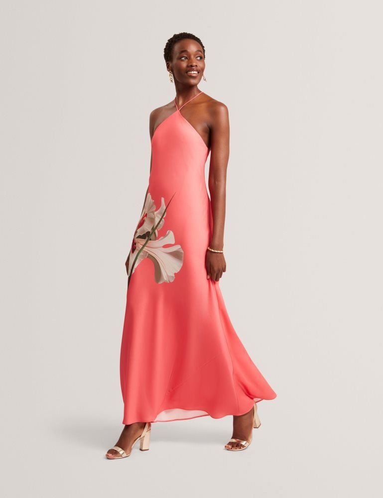 Ted Baker Ajima - Floral Graphic Halter Neck Satin Maxi Dress Ženske Haljina Koraljne | 091265-BYG
