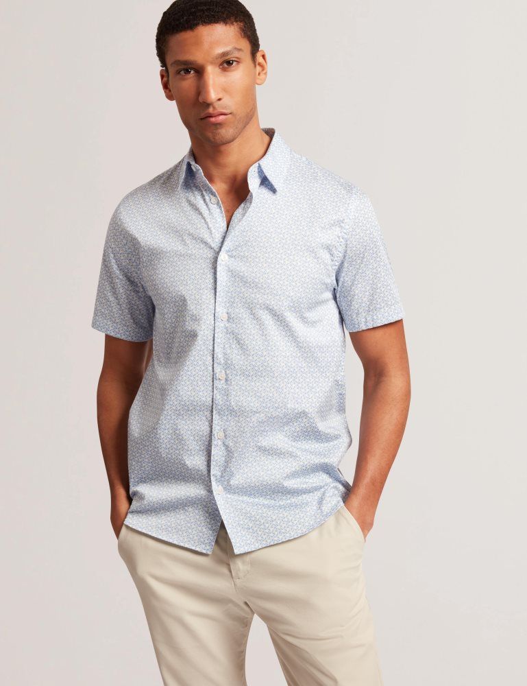 Ted Baker Alphso - Geometric Print Pure Cotton Short Sleeve Shirt Muške Košulje Plave | 125986-ZVH