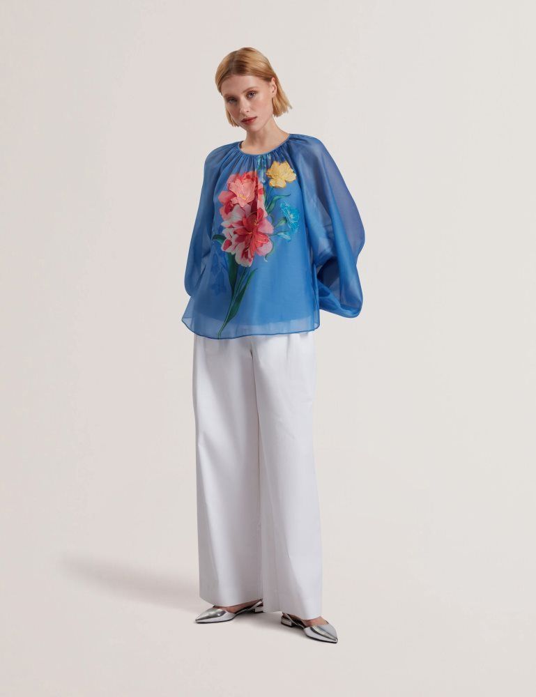 Ted Baker Alria - Floral Graphic Organza Balloon Sleeve Blouse Ženske Majice Plave | 190258-GMQ
