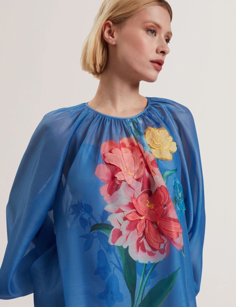 Ted Baker Alria - Floral Graphic Organza Balloon Sleeve Blouse Ženske Majice Plave | 190258-GMQ