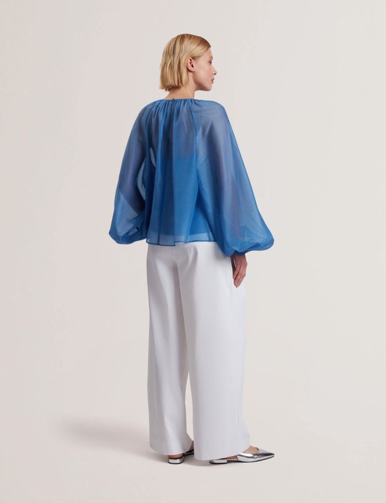 Ted Baker Alria - Floral Graphic Organza Balloon Sleeve Blouse Ženske Majice Plave | 190258-GMQ