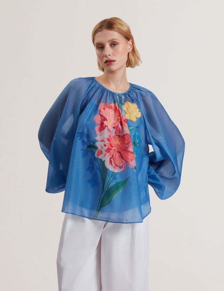 Ted Baker Alria - Floral Graphic Organza Balloon Sleeve Blouse Ženske Majice Plave | 190258-GMQ