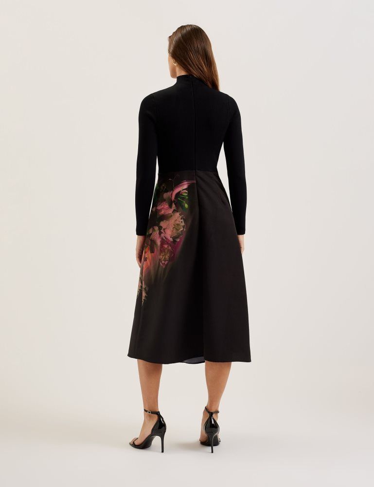 Ted Baker Asnes - Knit Bodice Midi Dress With Printed Skirt Ženske Haljina Crne | 689240-OVJ