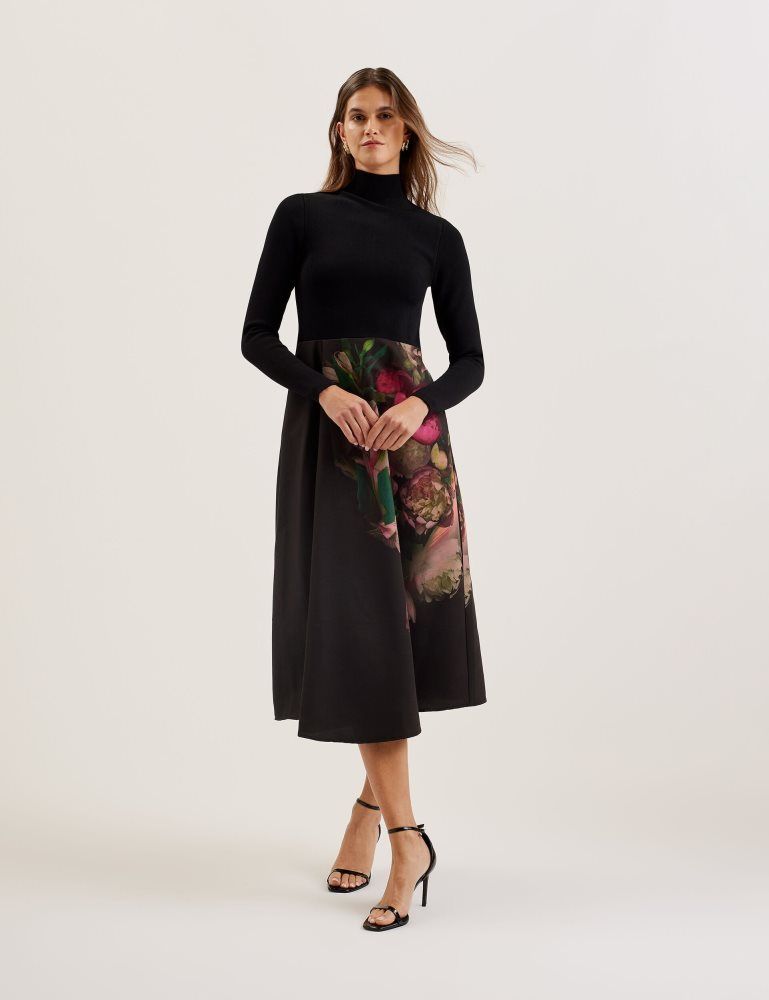 Ted Baker Asnes - Knit Bodice Midi Dress With Printed Skirt Ženske Haljina Crne | 689240-OVJ
