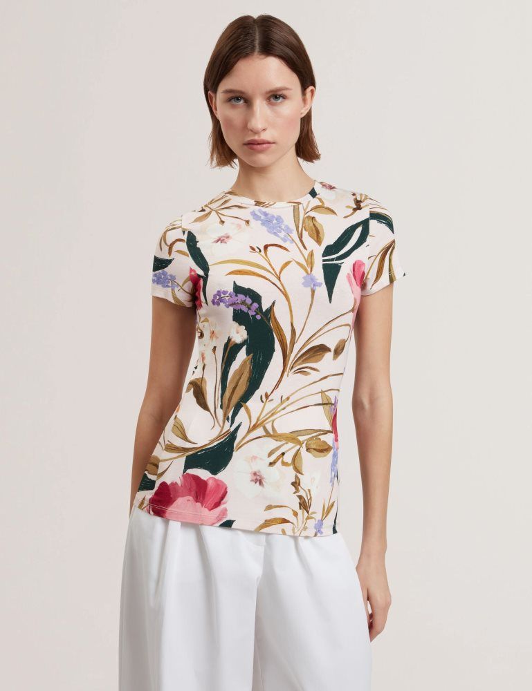 Ted Baker Belliea - Painted Floral Print Slim Fit T-shirt Ženske Majice Roze | 769428-WYA