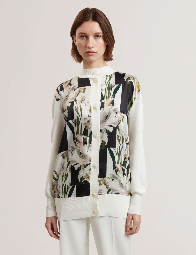 Ted Baker Belviaa - Printed Woven Front Longline Cardigan Ženske Džemperi Bijele | 625913-NZV
