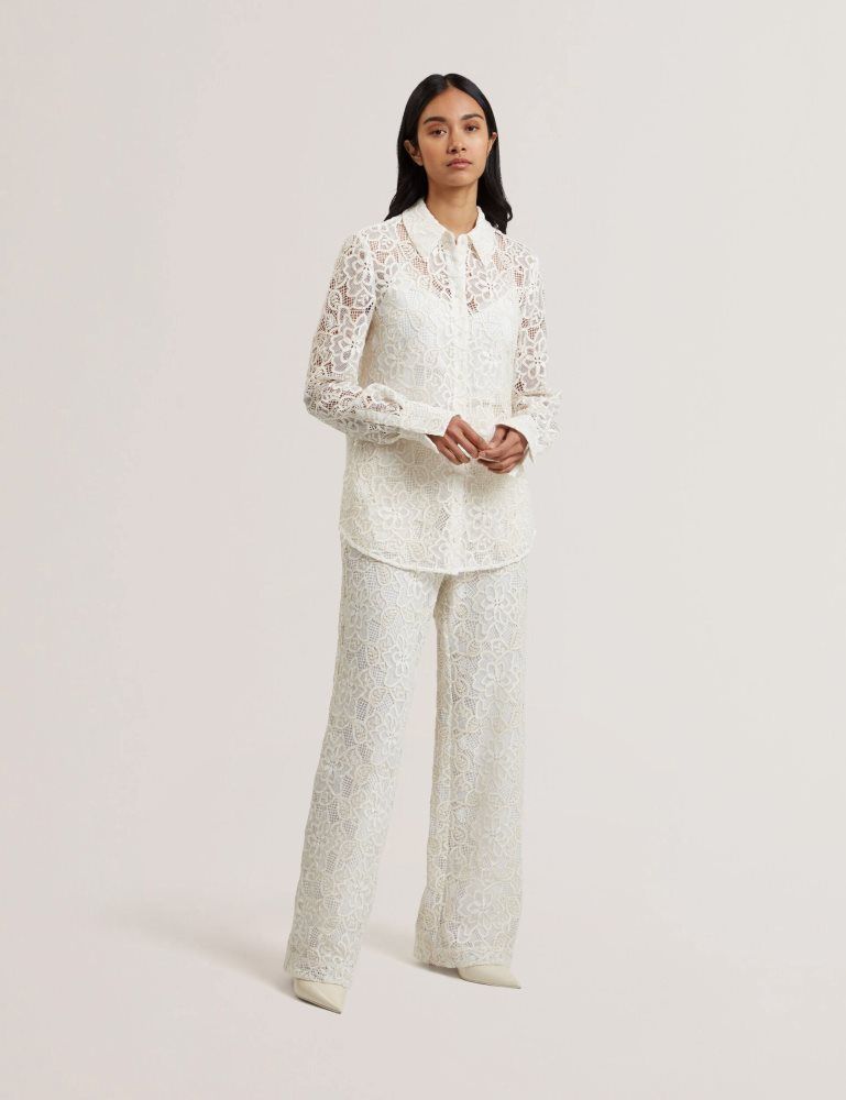 Ted Baker Blond - Floral Lace Longline Cotton Shirt Ženske Odijela Bijele | 954783-SJG