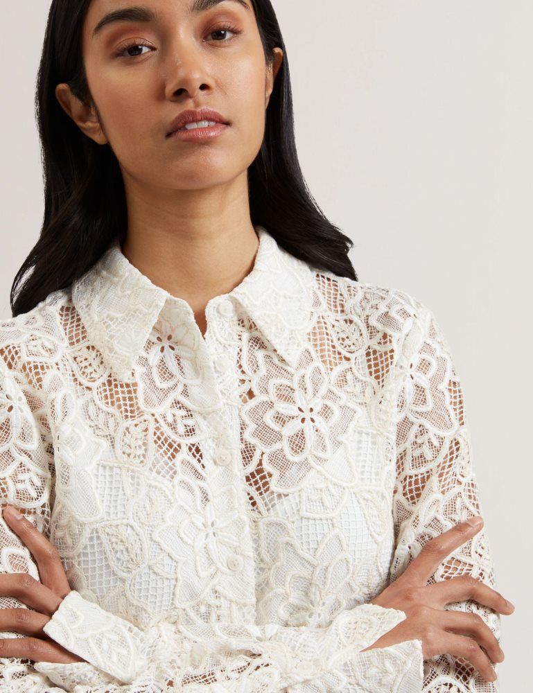 Ted Baker Blond - Floral Lace Longline Cotton Shirt Ženske Odijela Bijele | 954783-SJG