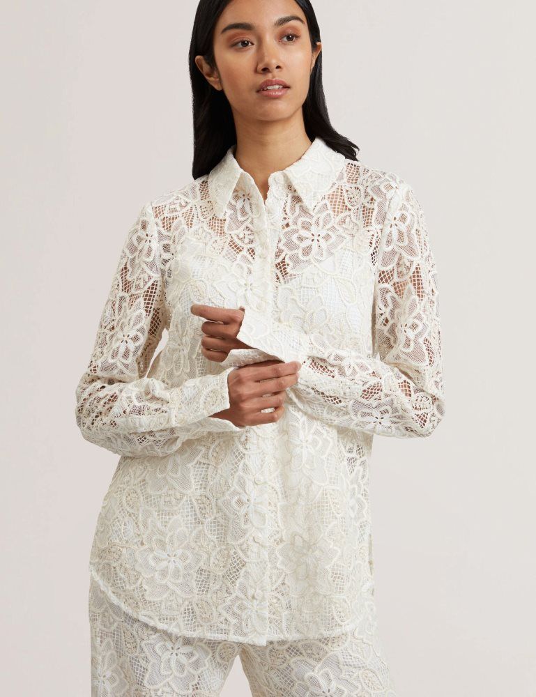 Ted Baker Blond - Floral Lace Longline Cotton Shirt Ženske Odijela Bijele | 954783-SJG