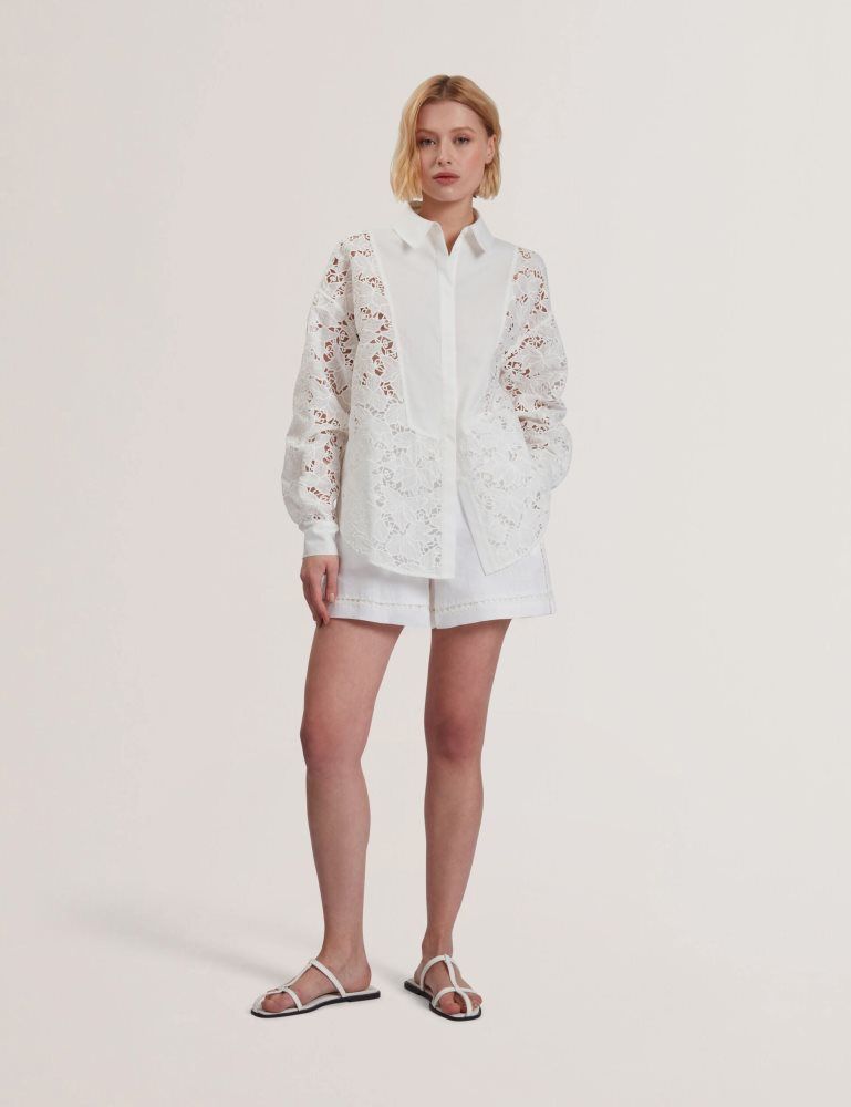 Ted Baker Buccia - Crochet Trim High Waisted Linen Shorts Ženske Kratke Hlače Bijele | 971345-AHK