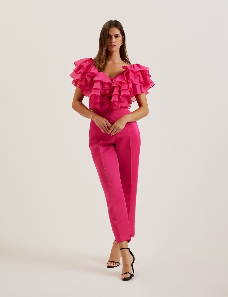 Ted Baker Calonda - Oversized Frill Trim V-neck Top Ženske Majice Fuksije | 760241-GES