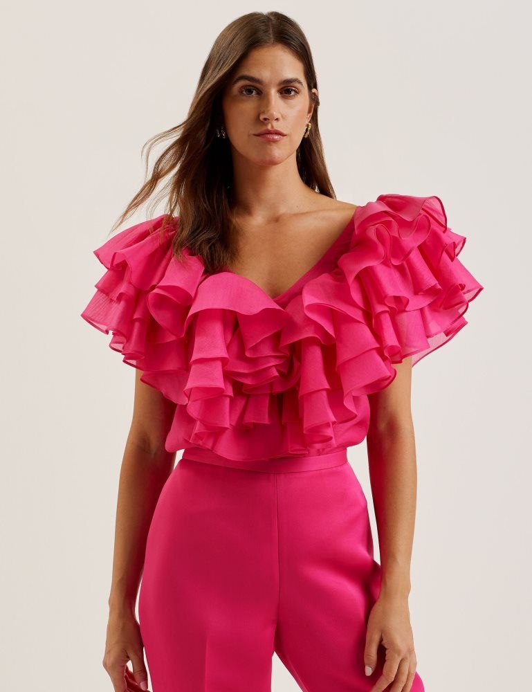 Ted Baker Calonda - Oversized Frill Trim V-neck Top Ženske Majice Fuksije | 760241-GES