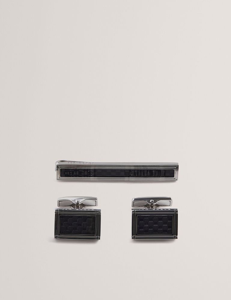 Ted Baker Carmont - Carbon Cufflink And Tie Clip Set Muške Dugmad Za Manšete Srebrne | 406913-UIS
