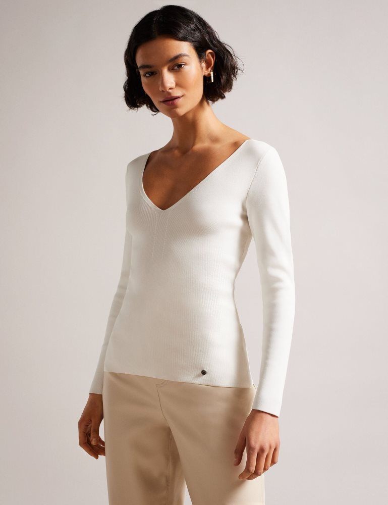 Ted Baker Cileste - Fitted V-neck Long Sleeve Knit Top Ženske Džemperi Bijele | 564809-XJO