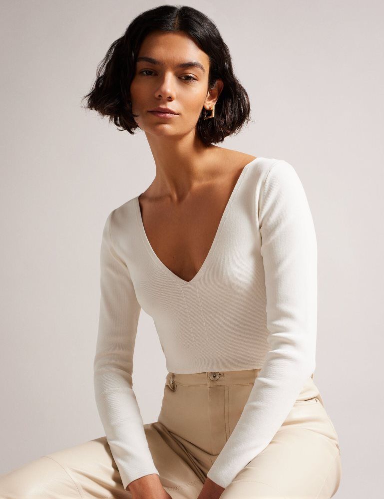Ted Baker Cileste - Fitted V-neck Long Sleeve Knit Top Ženske Majice Bijele | 071852-GQE