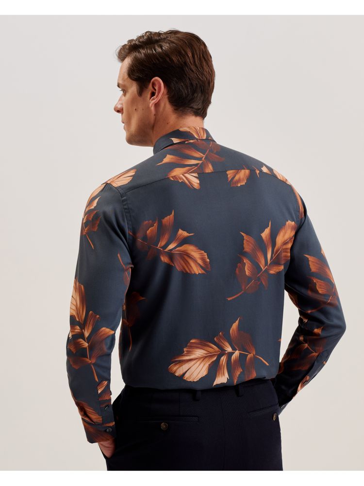 Ted Baker Coltons - Leaf Print Long Sleeve Lyocell Shirt Muške Košulje Tamnoplave | 261874-MOB