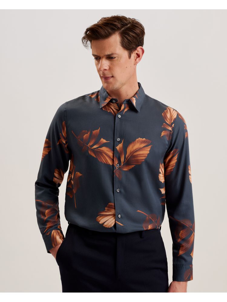 Ted Baker Coltons - Leaf Print Long Sleeve Lyocell Shirt Muške Košulje Tamnoplave | 261874-MOB