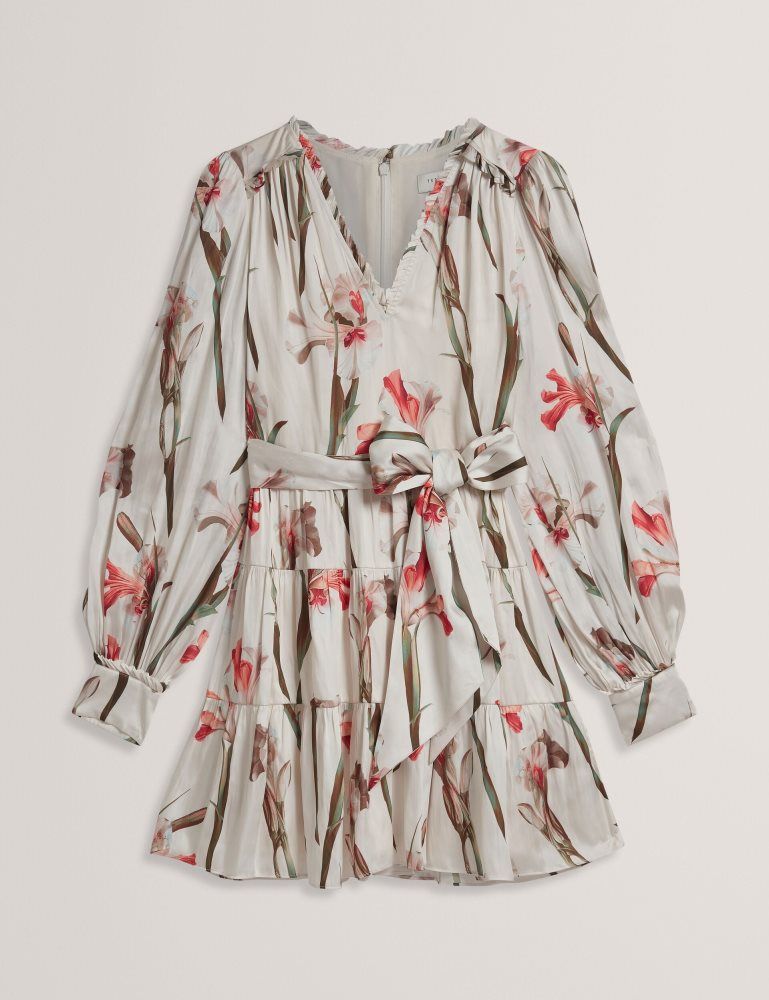 Ted Baker Cuiaba - Floral V-neck Tie Waist Mini Dress Ženske Haljina Bijele | 591402-AEX