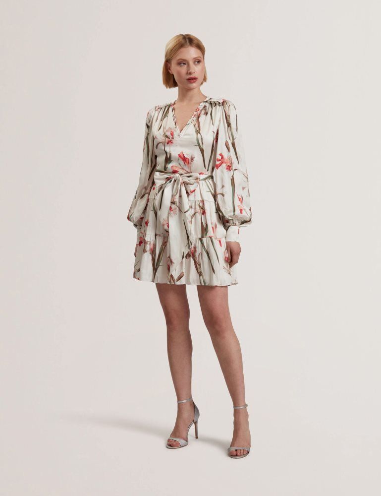 Ted Baker Cuiaba - Floral V-neck Tie Waist Mini Dress Ženske Haljina Bijele | 591402-AEX
