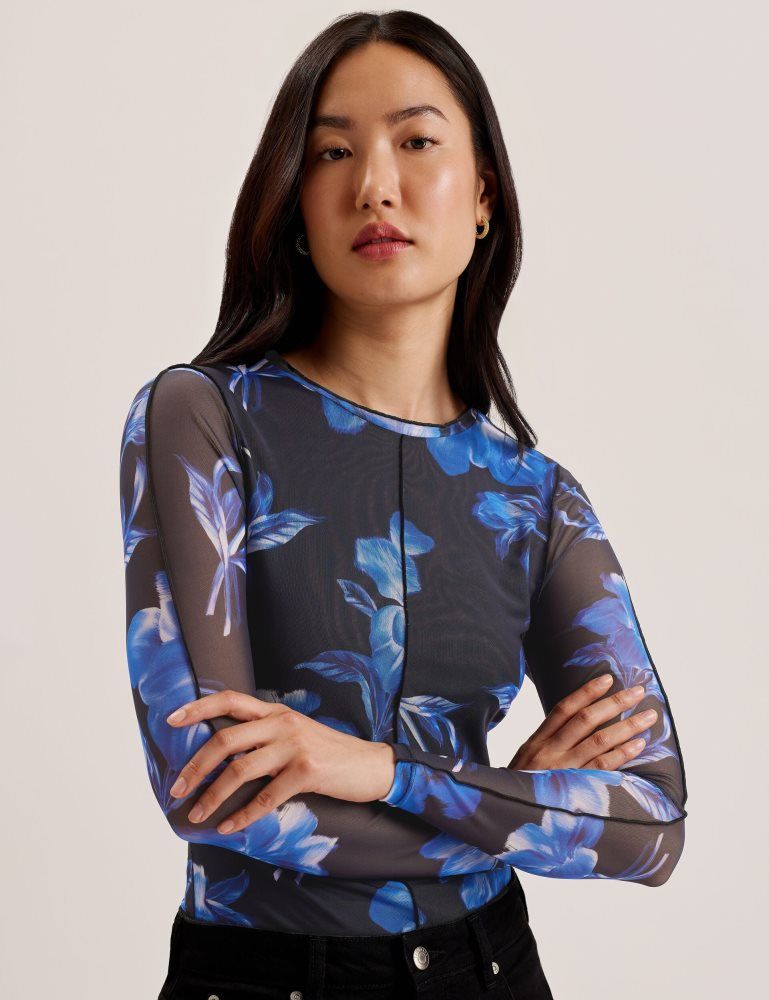Ted Baker Dekotha - Floral Print Mesh Long Sleeve Top Ženske Majice Plave | 675391-FTQ