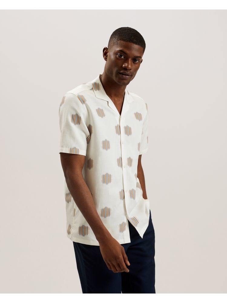 Ted Baker Dimitre - Printed Cotton Linen Short Sleeve Shirt Muške Košulje Ecru | 369502-RTG