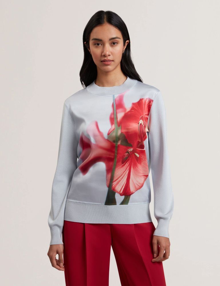 Ted Baker Eloaa - Printed Woven Front Knitted Jumper Ženske Džemperi Plave | 061742-PKT