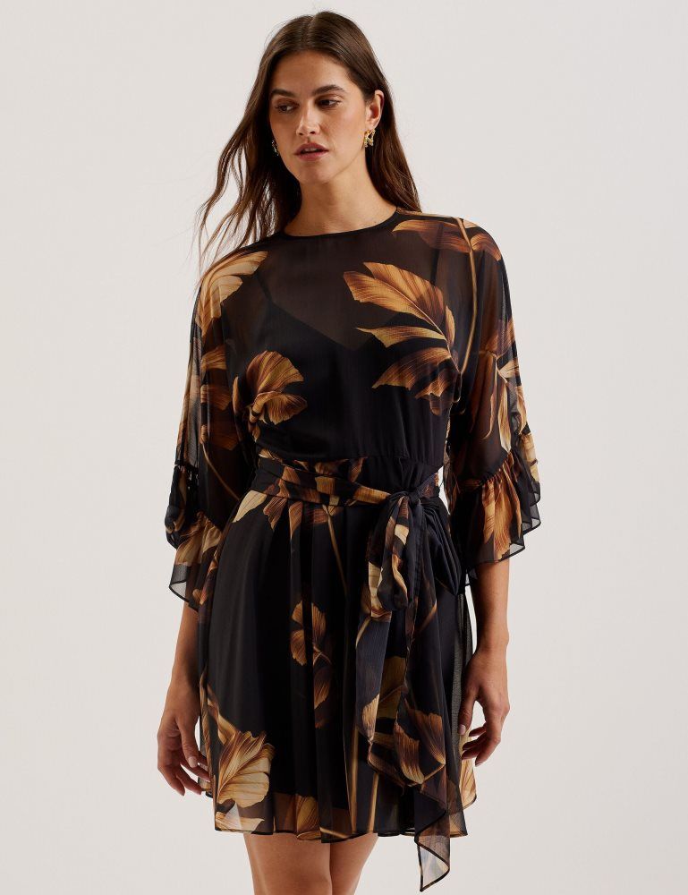 Ted Baker Elster - Printed Chiffon Mini Dress With Tie Waist Ženske Haljina Crne | 762519-WAN