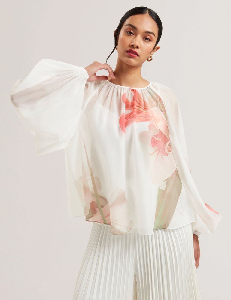 Ted Baker Eriana - Organza Print Detail Bishop Sleeve Blouse Ženske Majice Bijele | 149587-LNQ