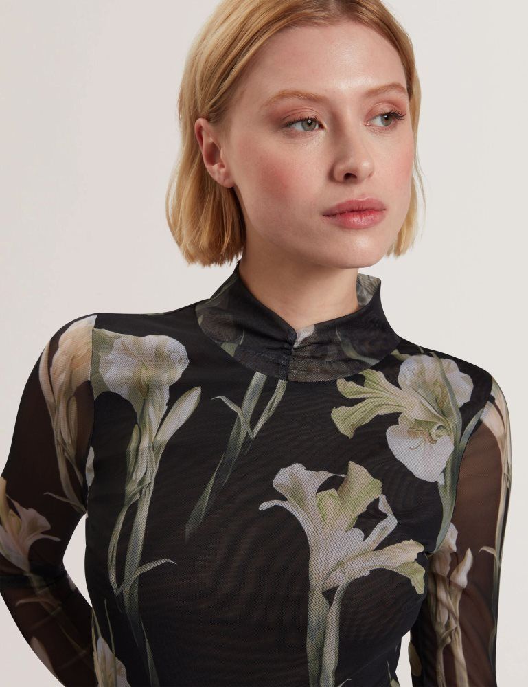 Ted Baker Fiaahh - Floral Print High Neck Sheer Mesh Top Ženske Majice Crne | 152467-ANY
