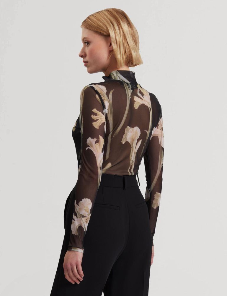 Ted Baker Fiaahh - Floral Print High Neck Sheer Mesh Top Ženske Majice Crne | 152467-ANY