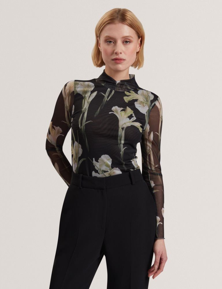 Ted Baker Fiaahh - Floral Print High Neck Sheer Mesh Top Ženske Majice Crne | 152467-ANY
