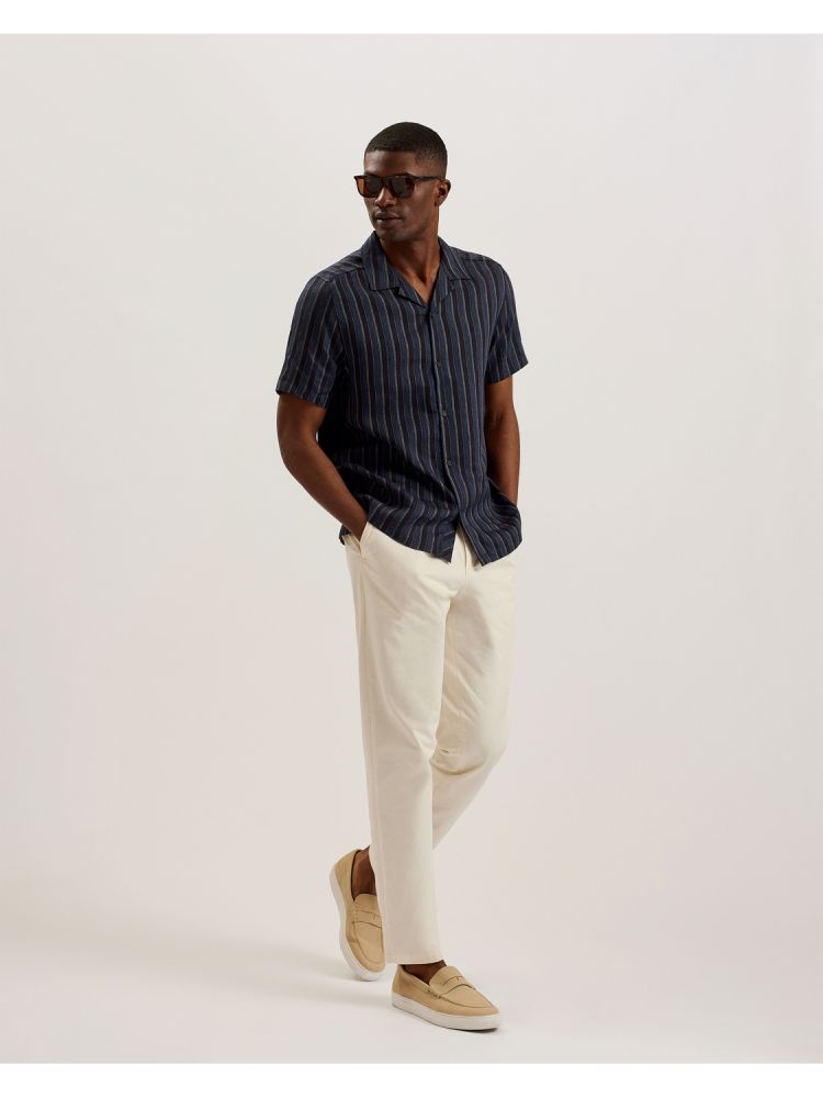Ted Baker Francoi - Striped Cotton Linen Short Sleeve Shirt Muške Košulje Tamnoplave | 239760-IKM