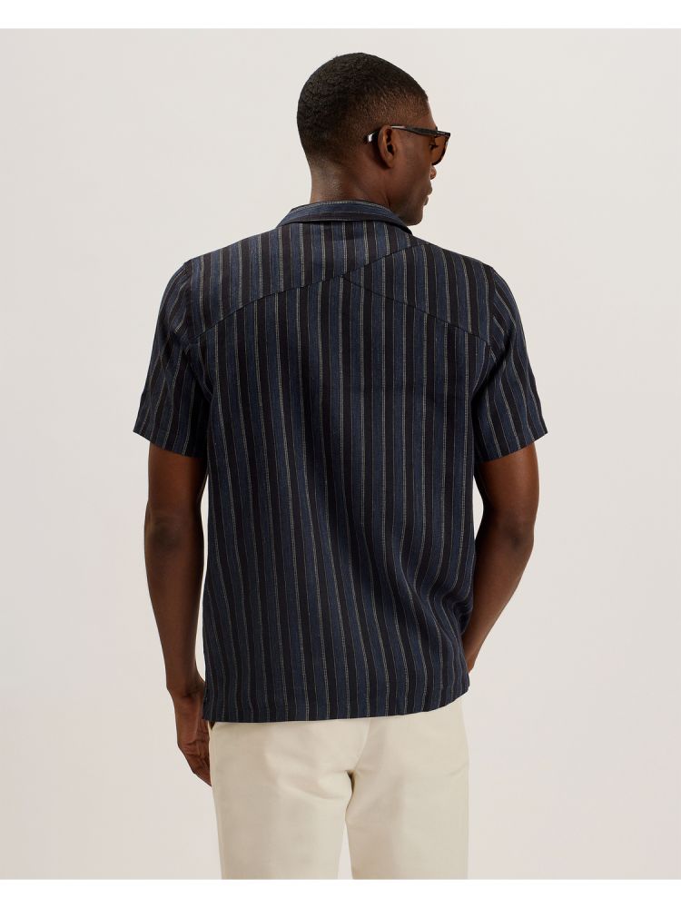 Ted Baker Francoi - Striped Cotton Linen Short Sleeve Shirt Muške Košulje Tamnoplave | 239760-IKM