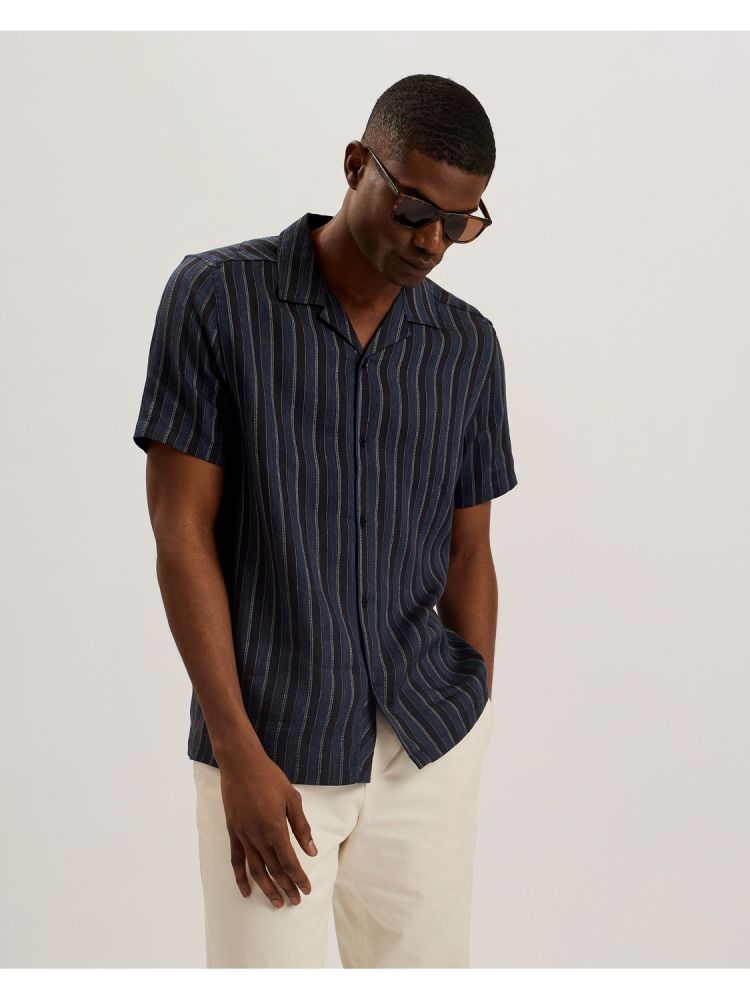 Ted Baker Francoi - Striped Cotton Linen Short Sleeve Shirt Muške Košulje Tamnoplave | 239760-IKM