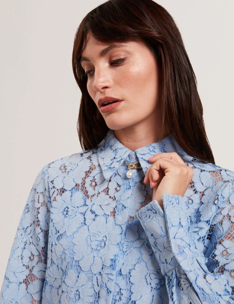Ted Baker Gennoa - Lace Semi-sheer Longline Shirt Ženske Majice Plave | 809732-FGK