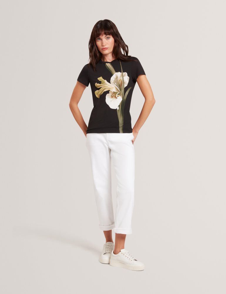 Ted Baker Gorgaa - Floral Graphic Fitted Short Sleeve T-shirt Ženske Majice Crne | 568972-TEB