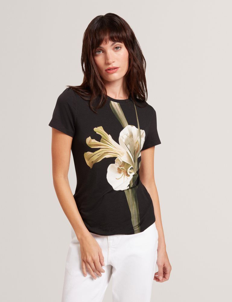 Ted Baker Gorgaa - Floral Graphic Fitted Short Sleeve T-shirt Ženske Majice Crne | 568972-TEB