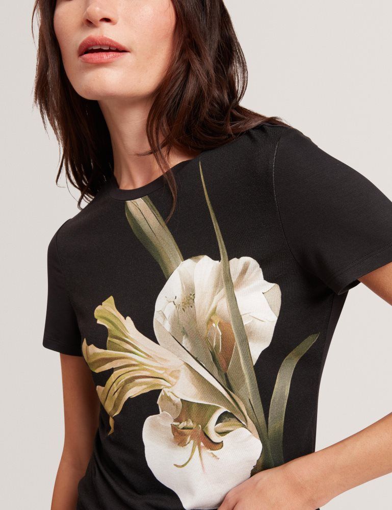 Ted Baker Gorgaa - Floral Graphic Fitted Short Sleeve T-shirt Ženske Majice Crne | 568972-TEB