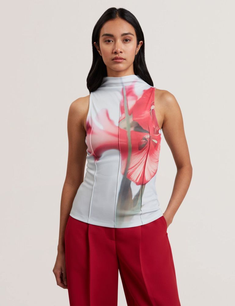 Ted Baker Harplnn - Floral High Neck Jersey Tank Top Ženske Majice Plave | 764205-AJQ
