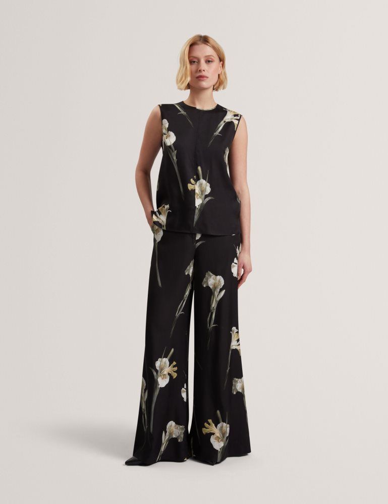 Ted Baker Haydie - Floral Print Wide Leg Tailored Trousers Ženske Kratke Hlače Crne | 168509-RCN