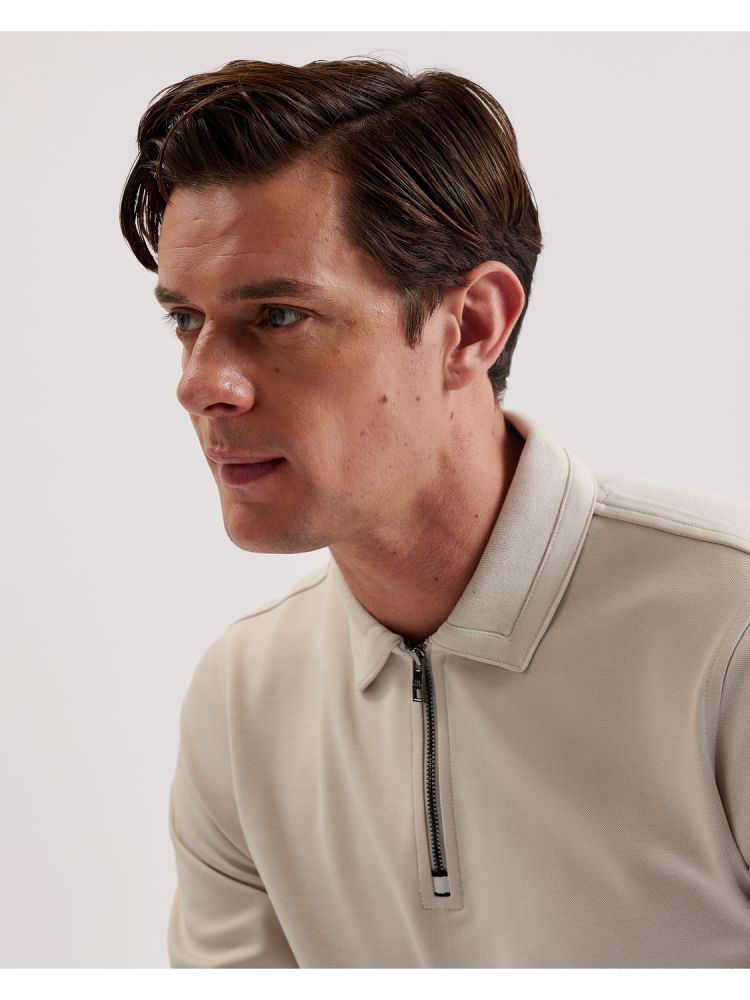Ted Baker Ingmar - Long Sleeve Cotton Blend Zip Polo Shirt Muške Topi Bež | 967823-UNW