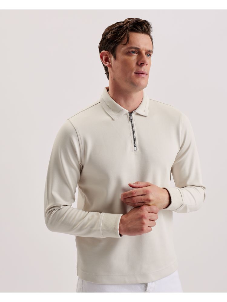 Ted Baker Ingmar - Long Sleeve Cotton Blend Zip Polo Shirt Muške Topi Bež | 967823-UNW