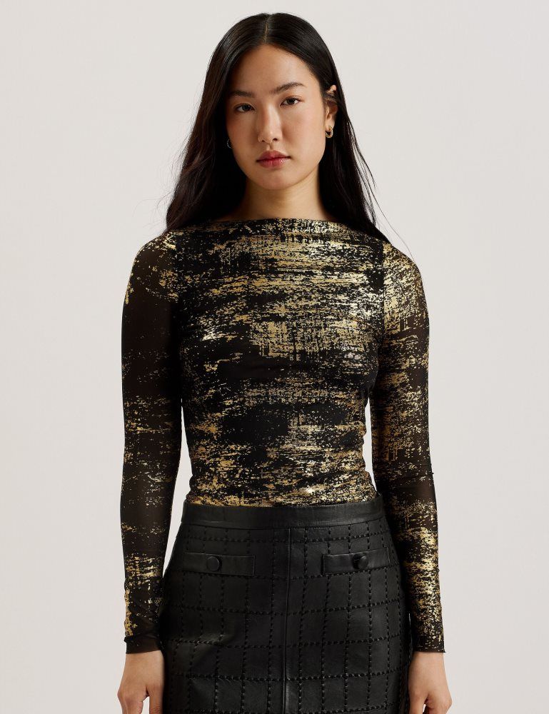 Ted Baker Karenha - Foil Printed Slash Neck Mesh Top Ženske Majice Crne | 852734-WHX