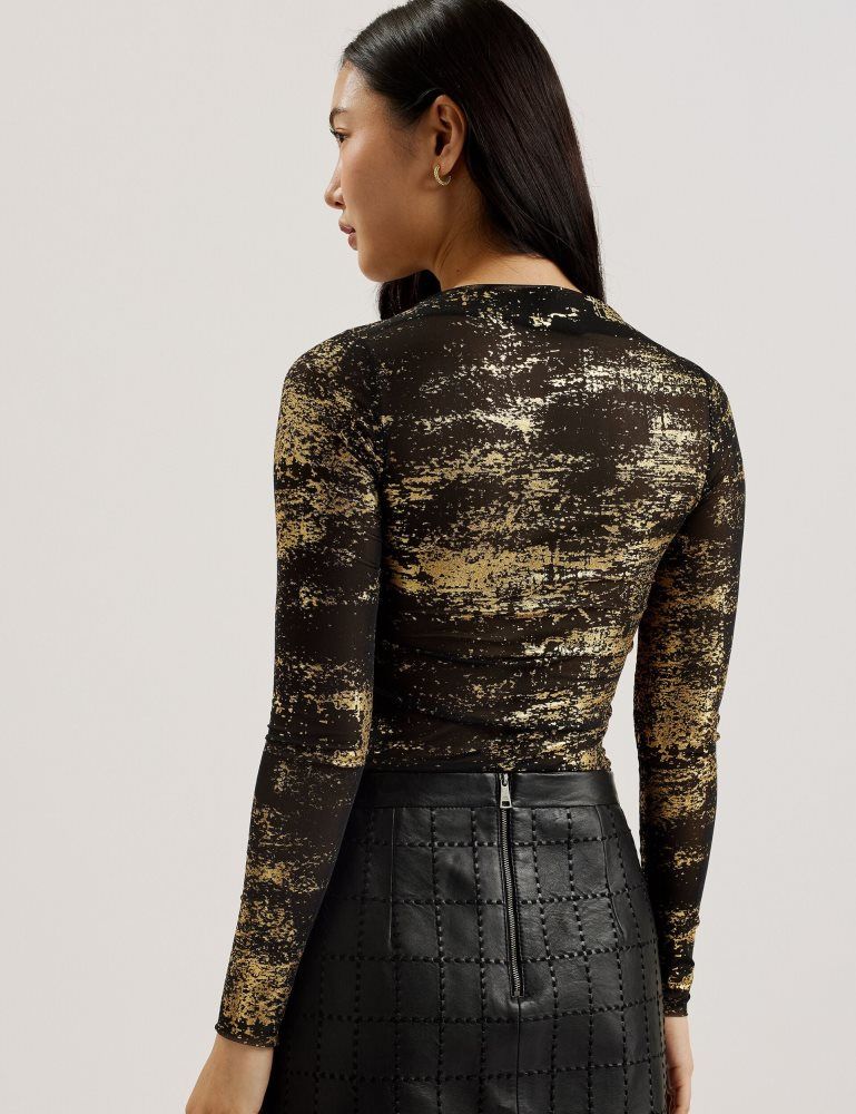 Ted Baker Karenha - Foil Printed Slash Neck Mesh Top Ženske Majice Crne | 852734-WHX