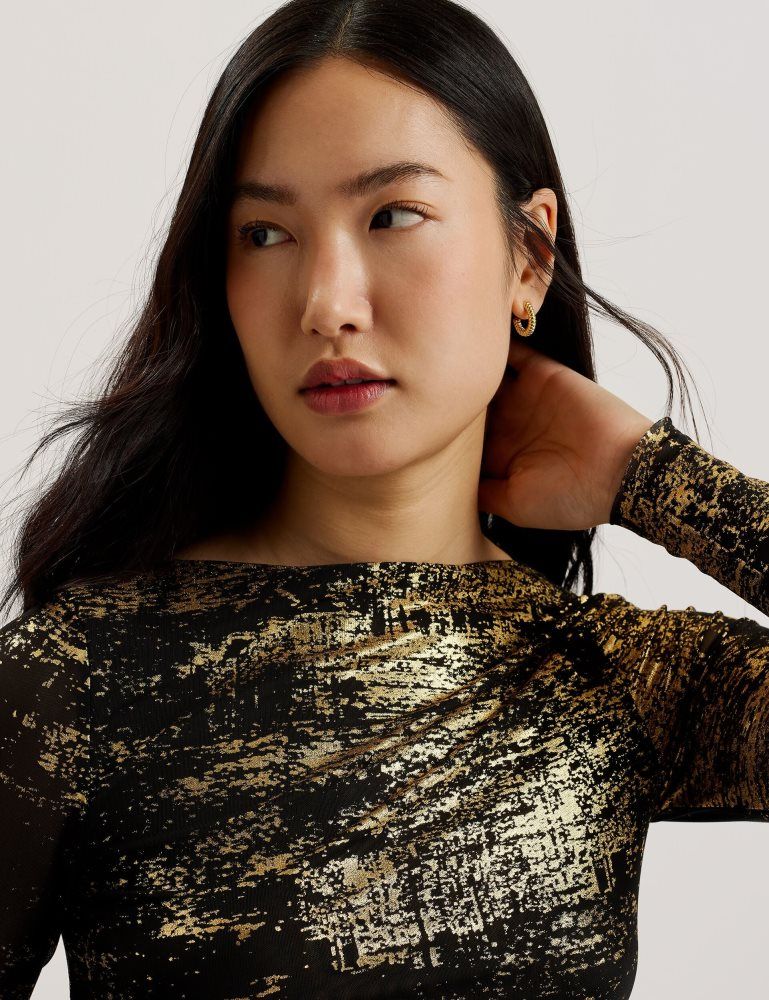 Ted Baker Karenha - Foil Printed Slash Neck Mesh Top Ženske Majice Crne | 852734-WHX