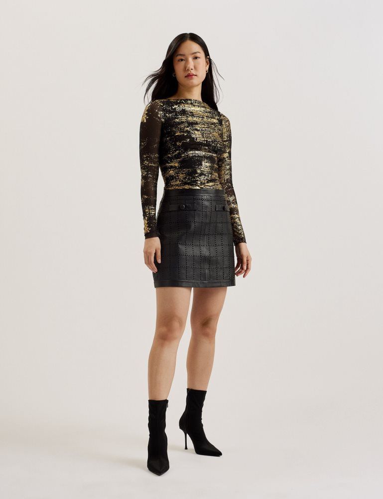 Ted Baker Karenha - Foil Printed Slash Neck Mesh Top Ženske Majice Crne | 852734-WHX