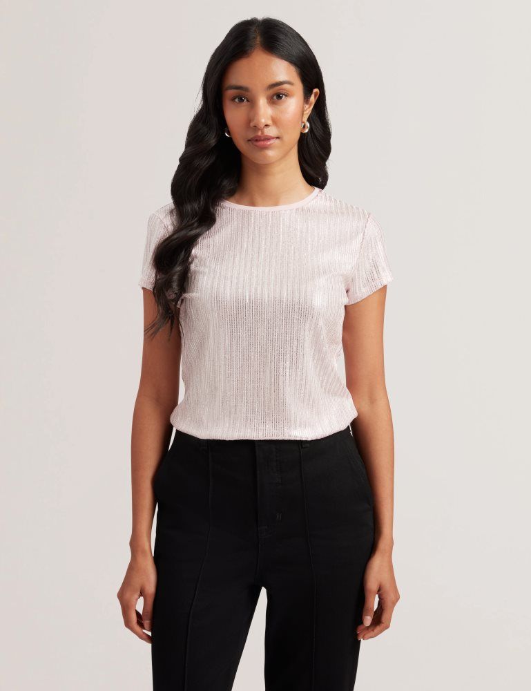 Ted Baker Katrino - Ribbed Metallic Fitted T-shirt Ženske Majice Roze | 251683-ABQ